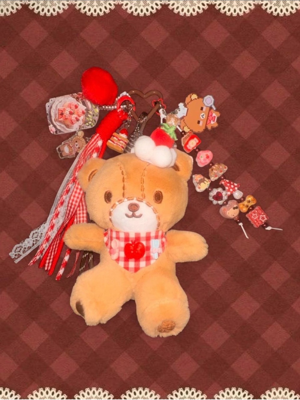 Handmade Rilakkuma themed Plush Bag Charm with Red Accents, Beads, and Charms